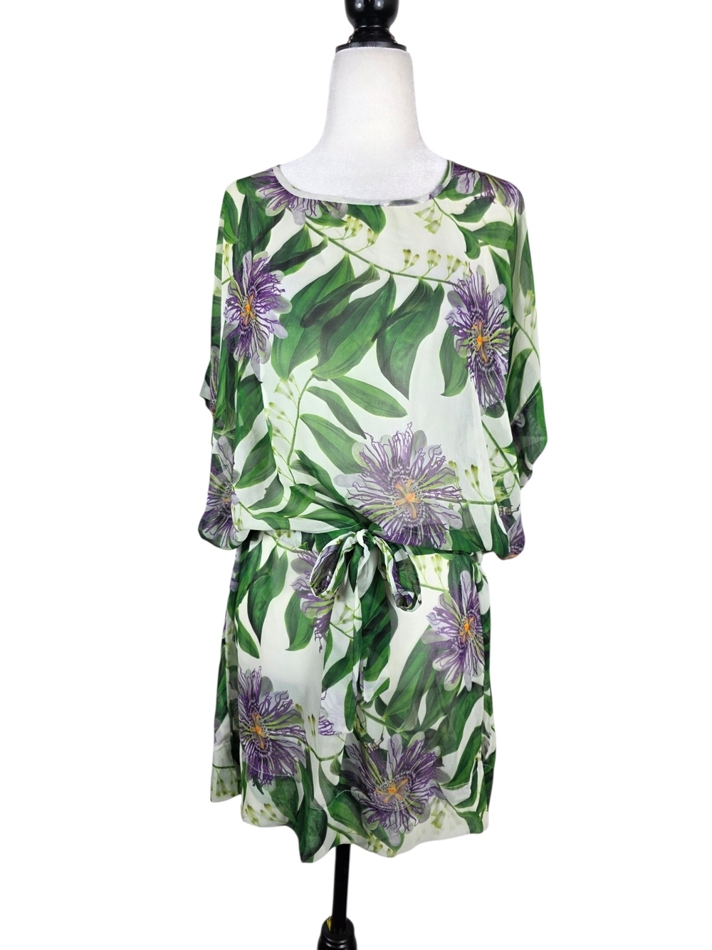 Lenny Neimeyer Leaves and Flowers Tie-Waist Mini Dress Cover up Green and Purple